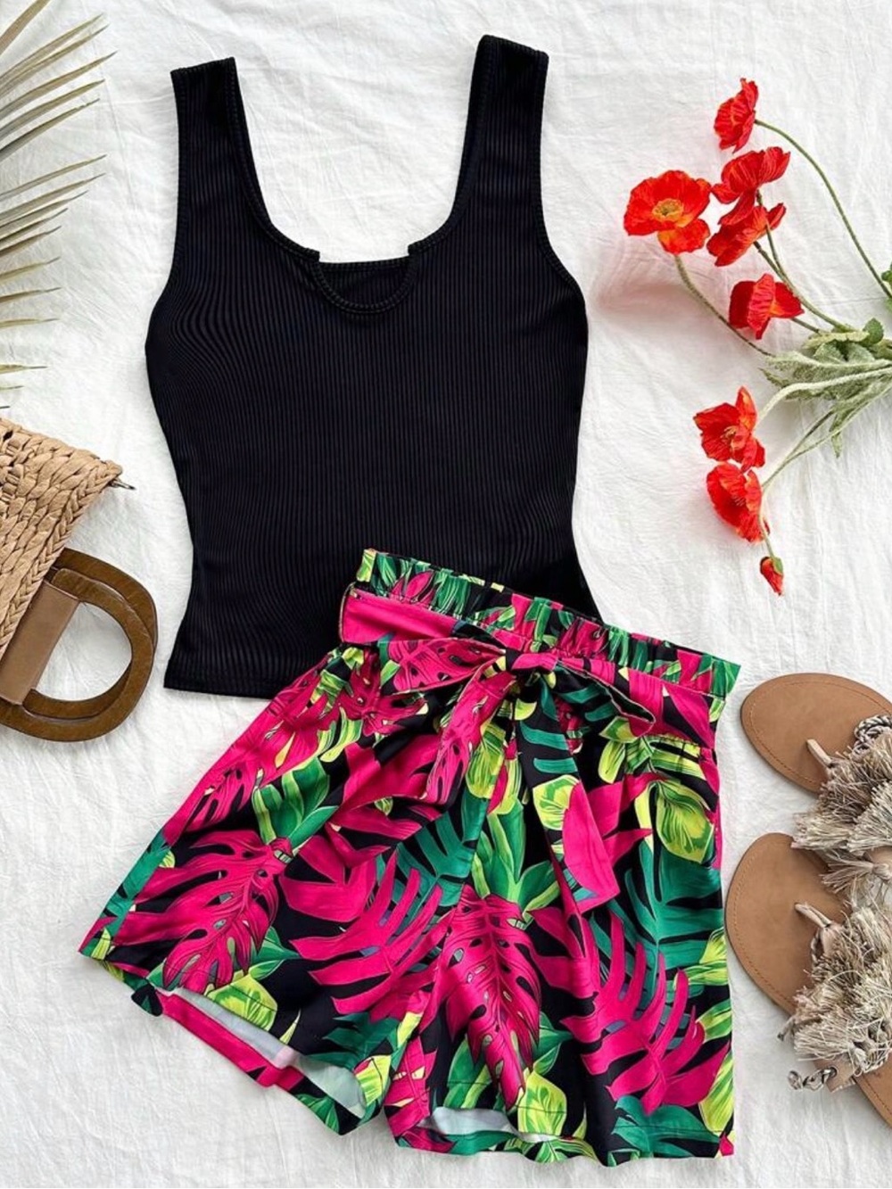 SHEIN Hot Pink & Green Tropical Tie-Waist Women’s Shorts
